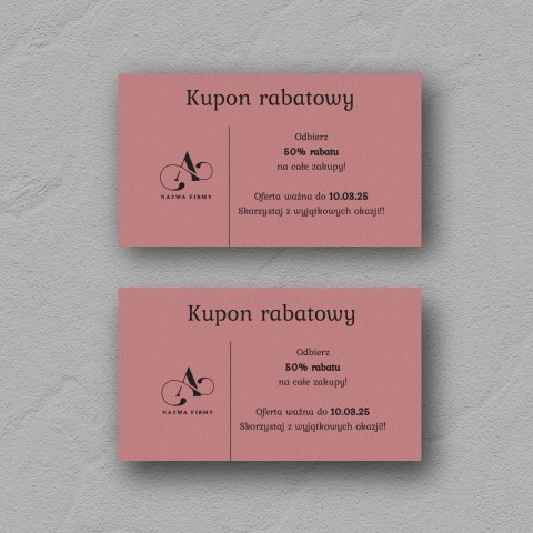Minimalistyczne karty rabatowe na różowym papierze z czarnym nadrukiem - Rose 1